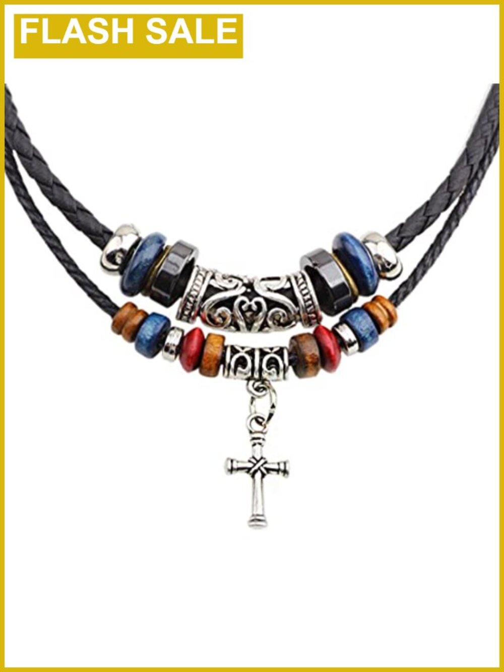 Handmade Double Layer Faux Leather Braided Necklace with Cross Charm Pendant